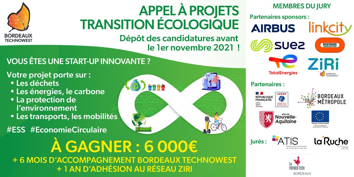 Appel à projets transition écologique de Bordeaux Technowest : Candidatez avant le 1er novembre 2021 !